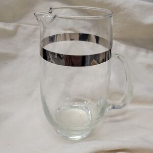 Vintage Silver Banded Glass Cocktail Martini Pitcher w/Applied Handle 6” x 3”